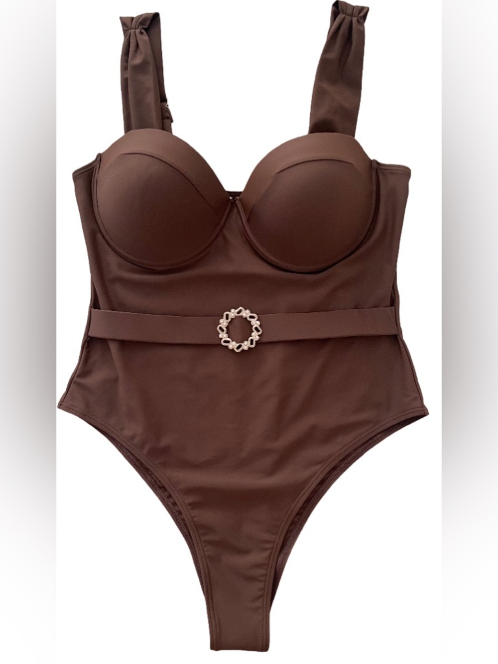 Brown One-Piece Swimsuit with Gold and Pearl Buckle Detail